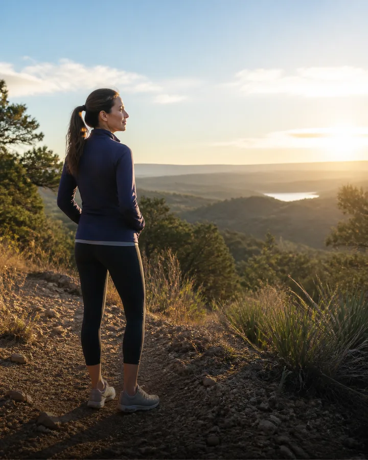 Woman overlooking the Texas hill country after a morning hike