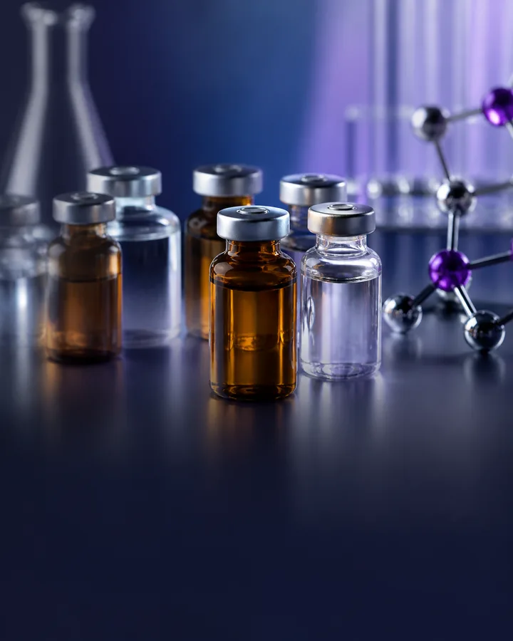 Clinical peptide therapy vials and molecular model