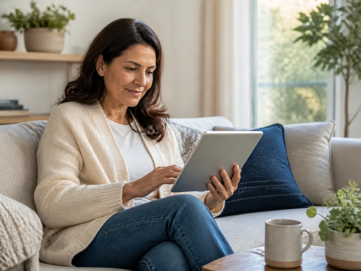 Woman participating in a telehealth visit from home
