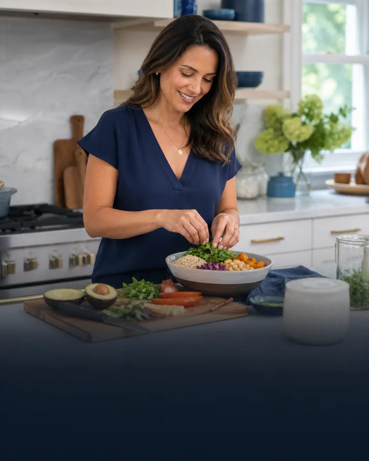 Woman preparing a balanced meal in her kitchen